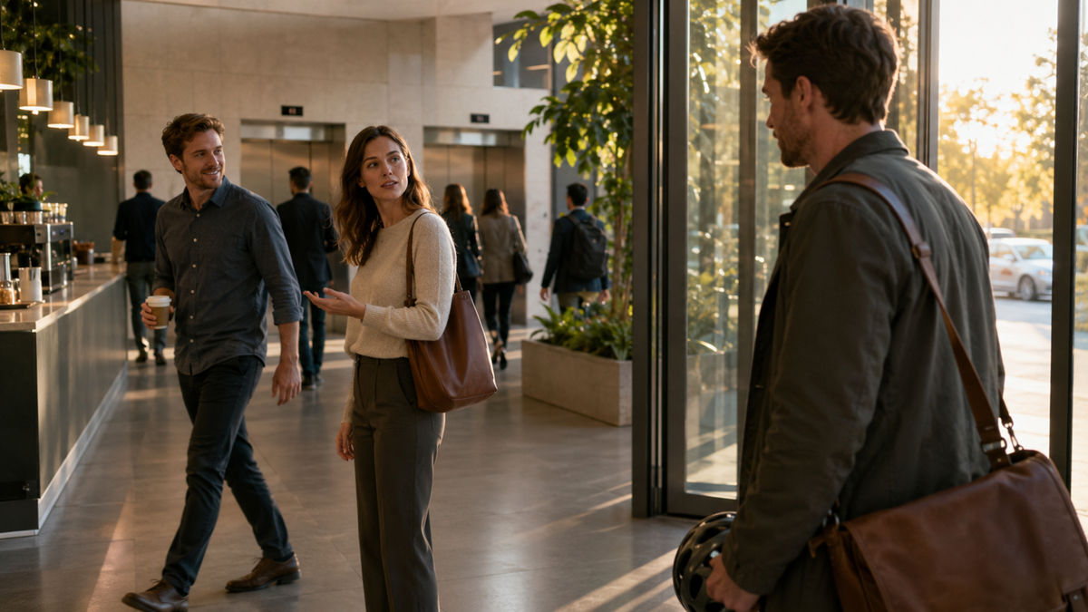 Three people meet in a modern office lobby. A woman and a man walk together while talking; another man with a bag and helmet stands near the entrance. Others are seen in the background.