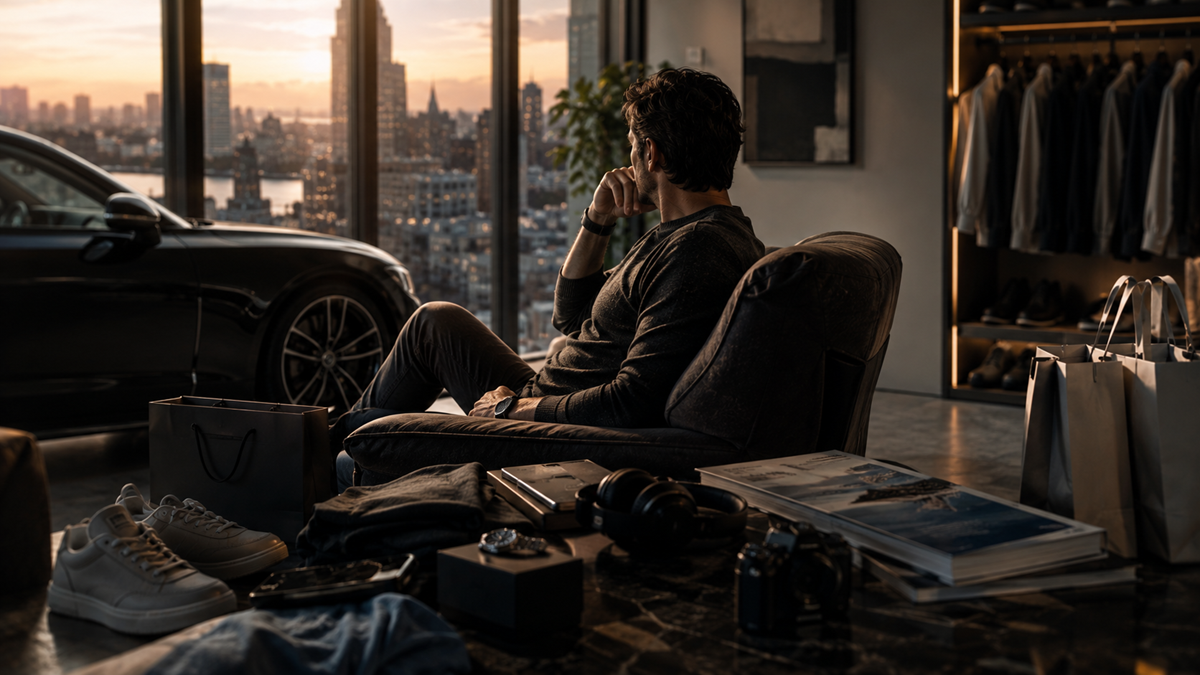 A man sits in a modern apartment, gazing out floor-to-ceiling windows at a city skyline at sunset. A car, clothing, shoes, and shopping bags are visible in the luxurious, stylishly furnished space.