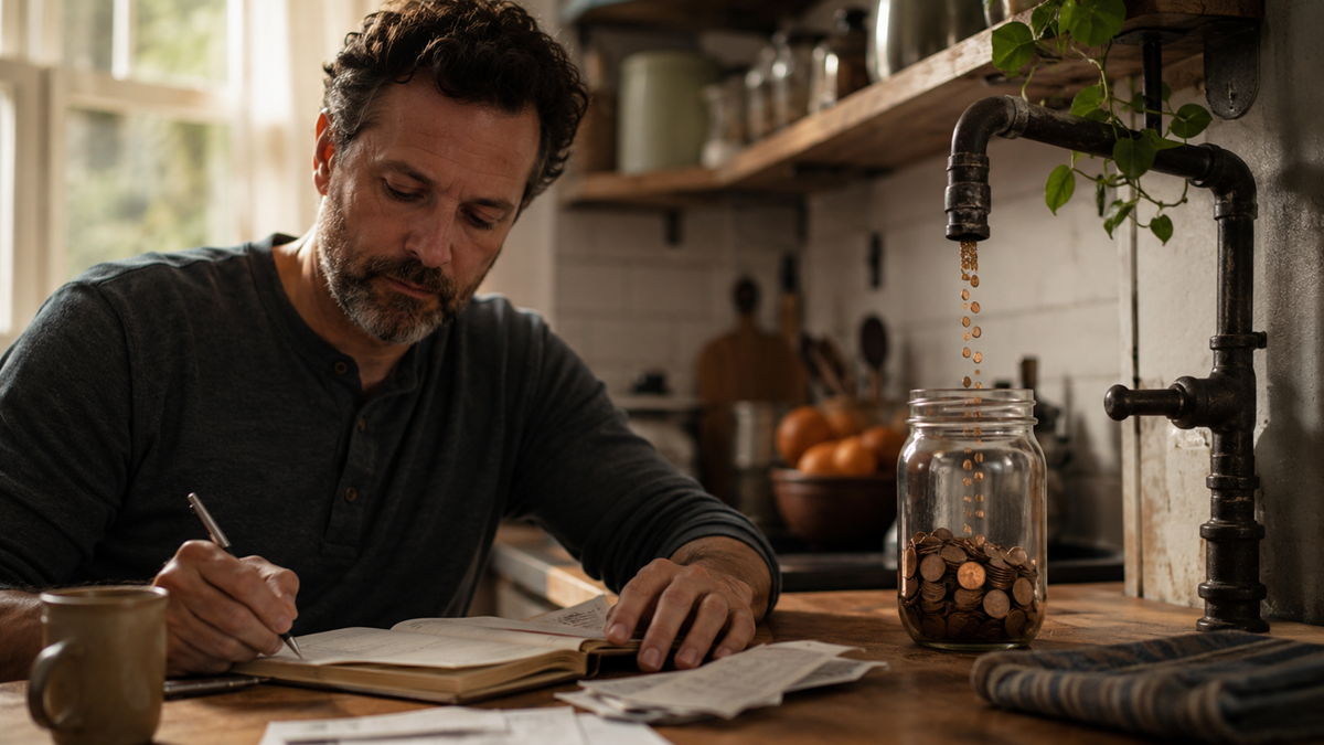 A man writes in a notebook at a kitchen table with receipts and a mug nearby. A jar of coins sits under a dripping faucet, collecting water. The background shows kitchen shelves, dishes, and a bowl of oranges.