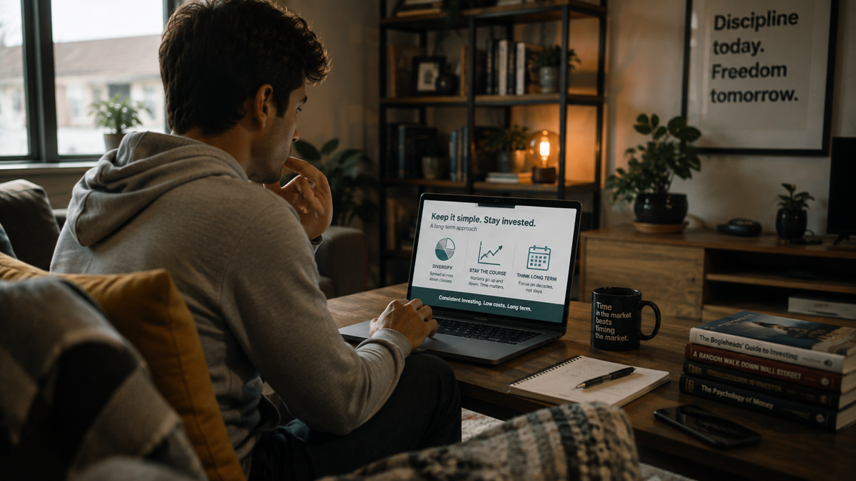 A person sits at a wooden desk, looking at a laptop displaying financial graphs. A notebook, pen, coffee mug, and books are on the desk. A motivational poster is on the wall in a cozy room.