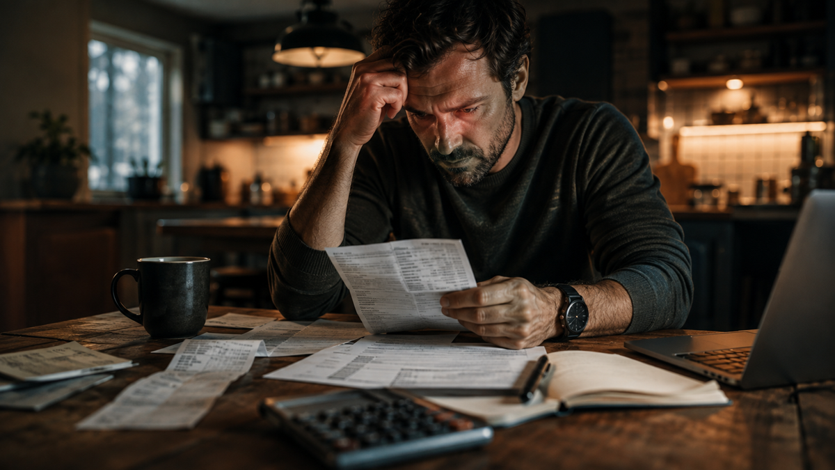 A man sits at a kitchen table, looking worried as he examines bills and paperwork. A coffee mug, calculator, notebook, and laptop are on the table, suggesting financial stress.