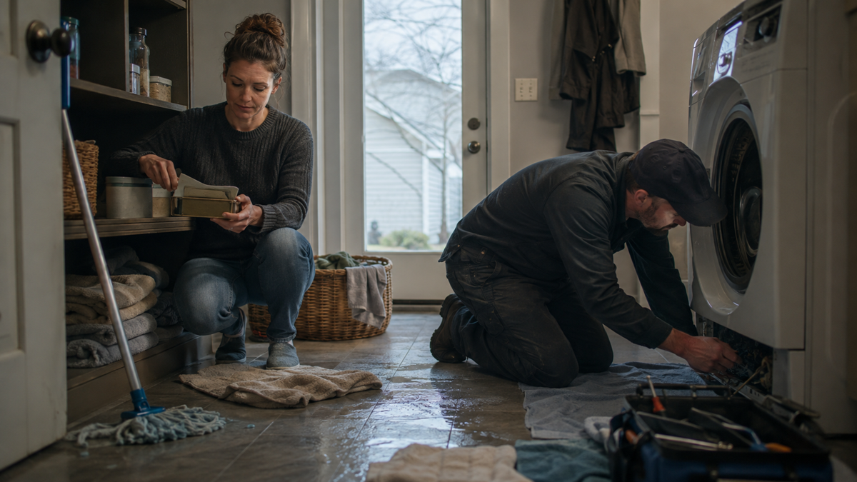 A woman sits by a shelf counting money while a man kneels, repairing a washing machine. Towels and a mop are on the wet floor, with a laundry basket and toolbox nearby. Light comes through a door and window.