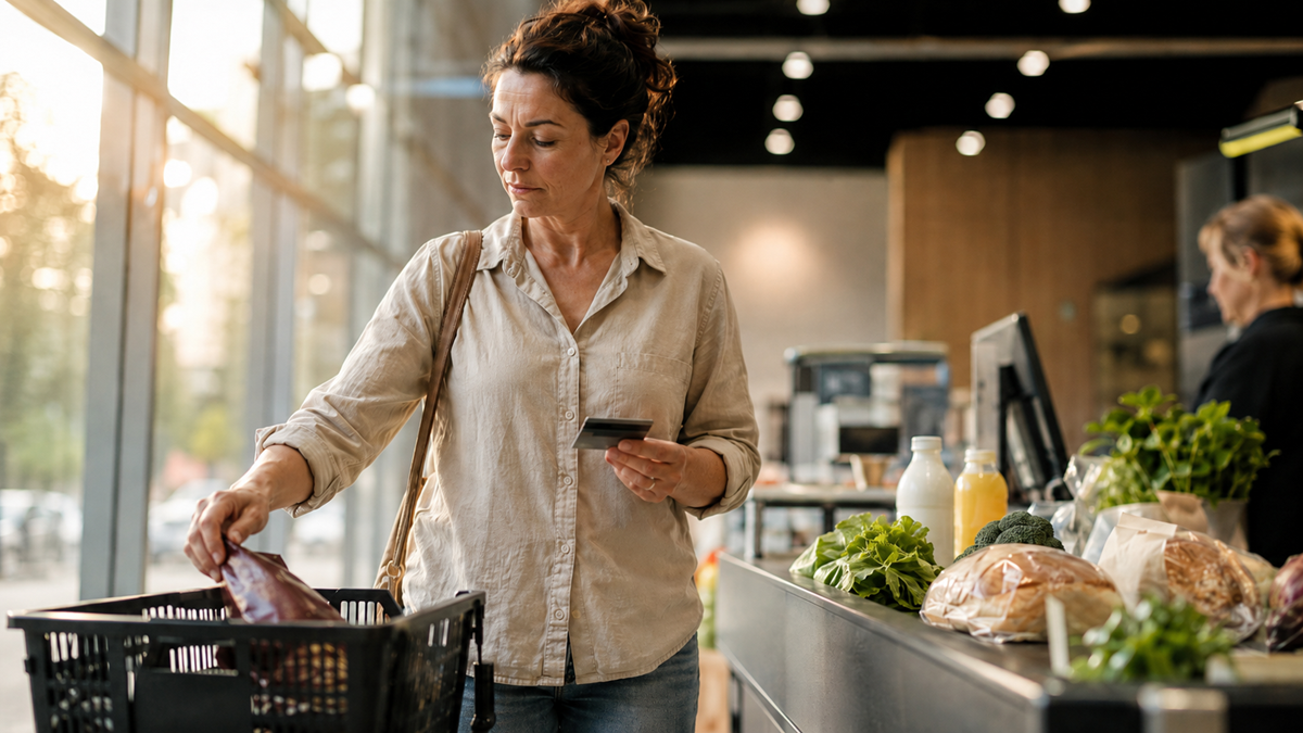 A woman stands at a grocery store checkout holding a card and placing items from a basket onto the counter. Fresh produce, bread, and milk are on the conveyor belt.