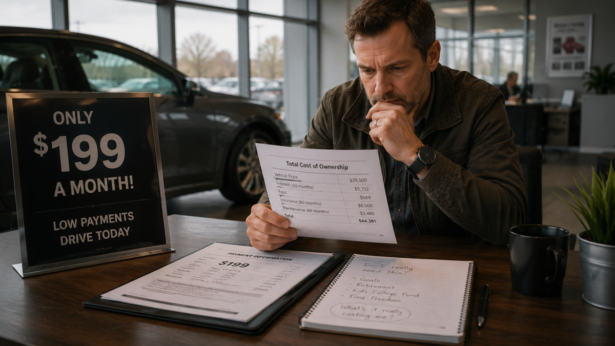 A man sits at a desk in a car dealership, thoughtfully reading a “Total Cost of Ownership” paper. A sign advertises “$199 a month! Low payments, drive today.” Papers, a notebook, a pen, and a mug are on the table.