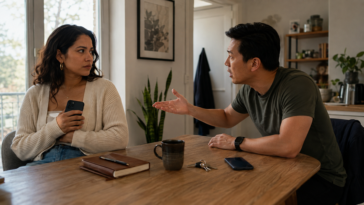 A woman holding a phone looks away while a man gestures toward her at a kitchen table, appearing to have a serious conversation. A notebook, coffee mugs, and keys are on the table.