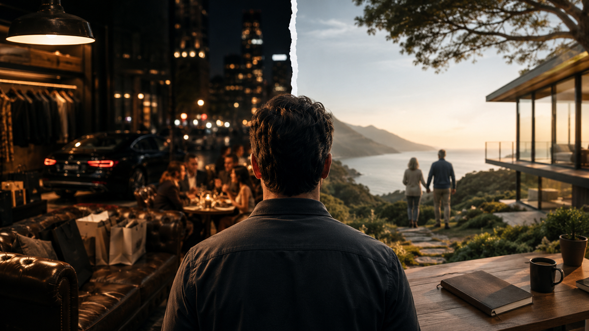 A man sits at a desk, facing an environment split in two: a busy cityscape with people dining on the left, and a tranquil coastal landscape with a couple walking on the right.