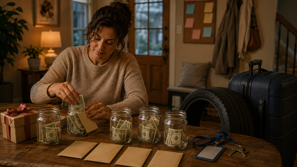 A woman puts cash into envelopes at a table with five jars of money, a wrapped gift, a suitcase, a tire, and keys. The setting appears to be a cozy, well-lit living room.