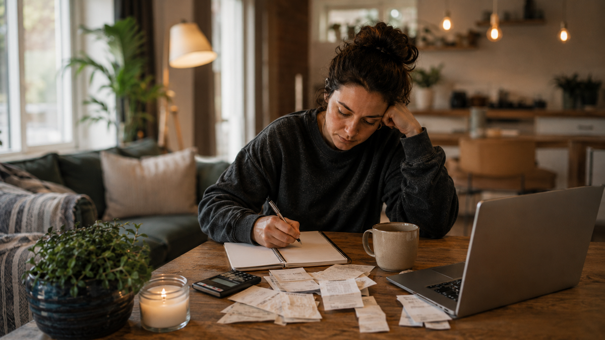 A woman sits at a table with receipts, a notebook, laptop, calculator, candle, and mug, appearing focused as she works in a cozy, warmly lit living room.