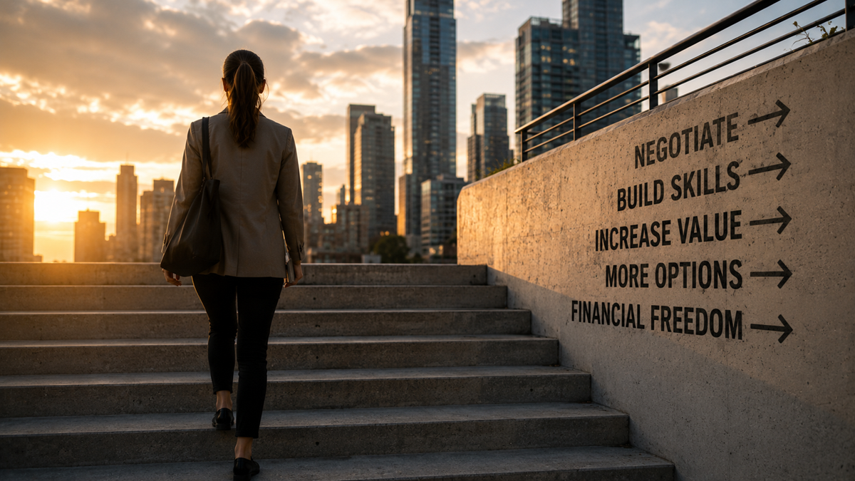 A woman walks up city steps at sunset. On a wall, arrows point upward with words: “Negotiate,” “Build Skills,” “Increase Value,” “More Options,” and “Financial Freedom.” Skyscrapers stand in the background.