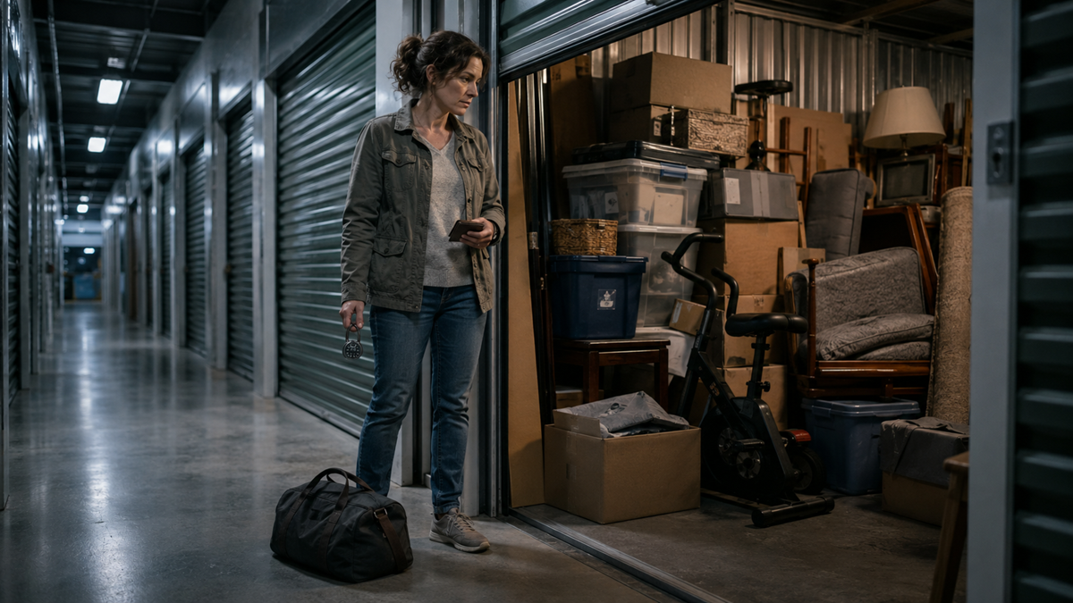 A woman stands by an open storage unit filled with boxes, bins, and furniture. She holds a phone and water bottle, with a duffel bag at her feet, looking thoughtfully at the packed space.