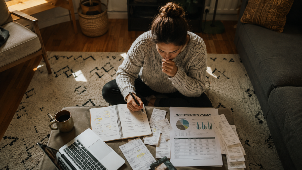 A person sits on the floor, reviewing bills and receipts, with a laptop, notebook, and spending charts on a table. They appear focused and are surrounded by home furnishings.