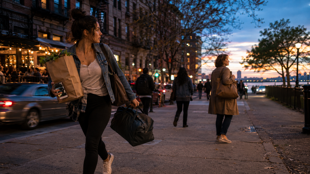 A woman carrying a grocery bag and a large black bag walks along a city sidewalk at sunset. Cars drive by, people walk nearby, and a restaurant patio is filled with diners under string lights.