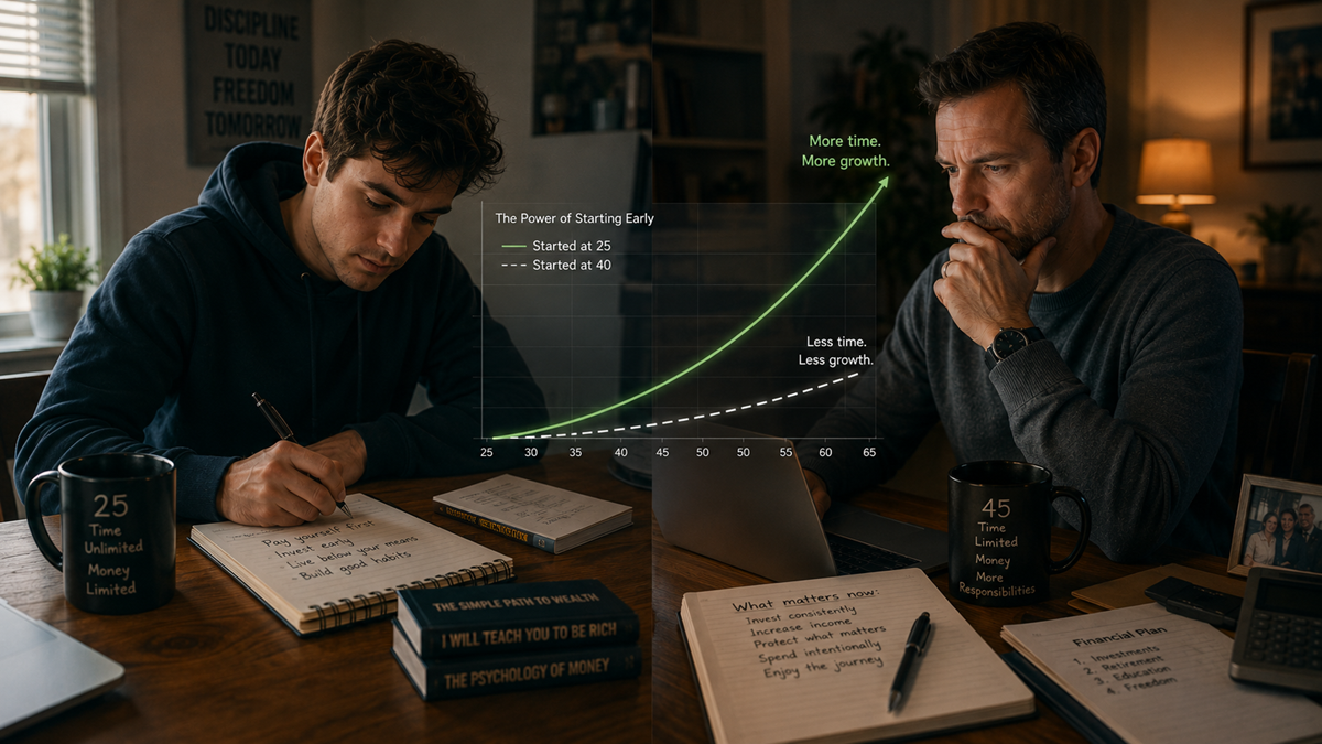 Two men sit at a table with notebooks, laptops, and mugs. A chart behind them shows that starting investments at age 25 leads to more growth over time than starting at age 40.