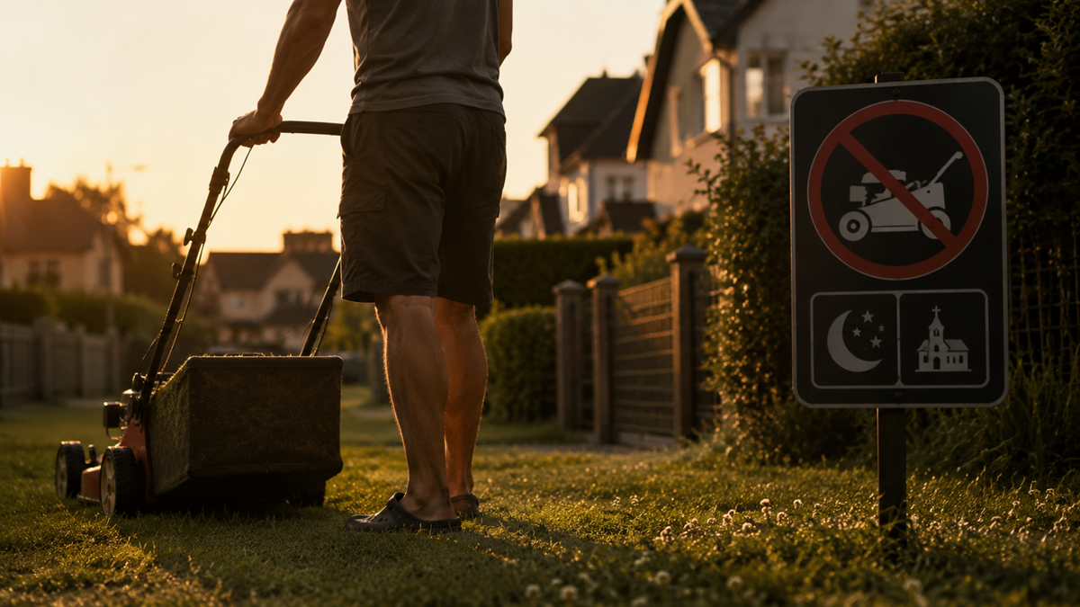 A person mowing grass at sunset near houses, with a sign showing a crossed-out lawnmower, a moon, and a church, indicating mowing is not allowed at night or during church times.