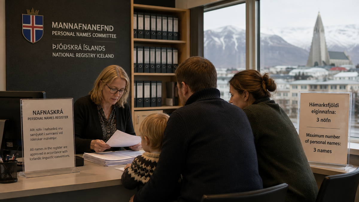 A woman behind a desk reviews papers with a family of three at the Icelandic National Registry office. Signs about personal name rules are visible. A cityscape and church appear outside the window.