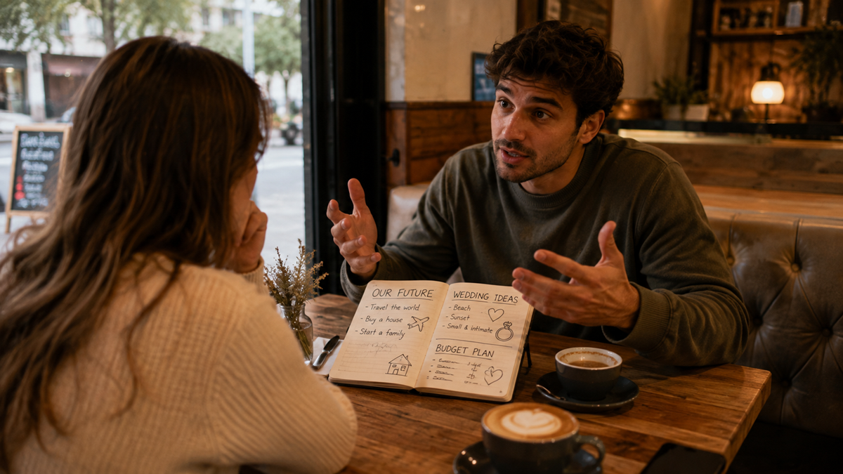 A man and woman sit at a café table with coffee, discussing plans in an open notebook labeled “Our Future” and “Wedding Ideas,” with handwritten notes and drawings visible.