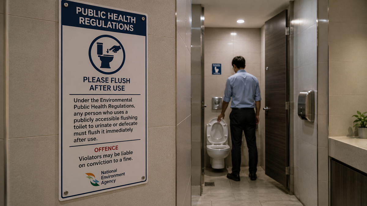A man stands in front of a toilet in a public restroom. A sign on the wall highlights public health regulations, reminding users to flush after use and warning of possible fines for non-compliance.