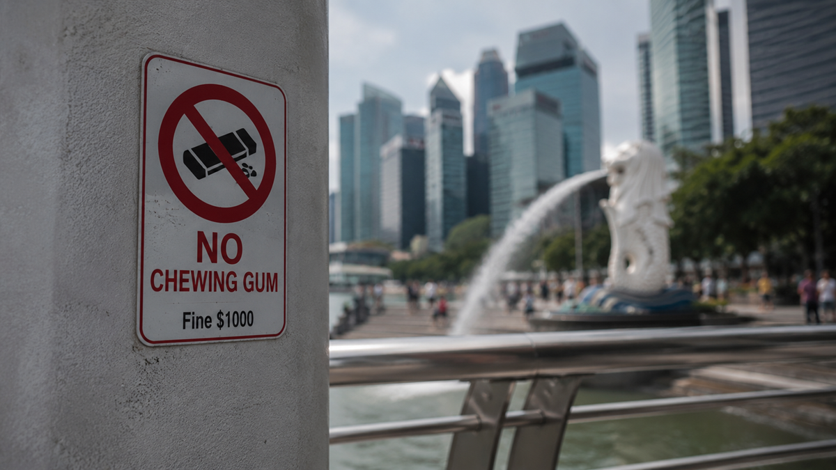 Sign reading “No Chewing Gum, Fine $1000” on a pole in front of the Singapore Merlion statue, with city skyscrapers in the background.