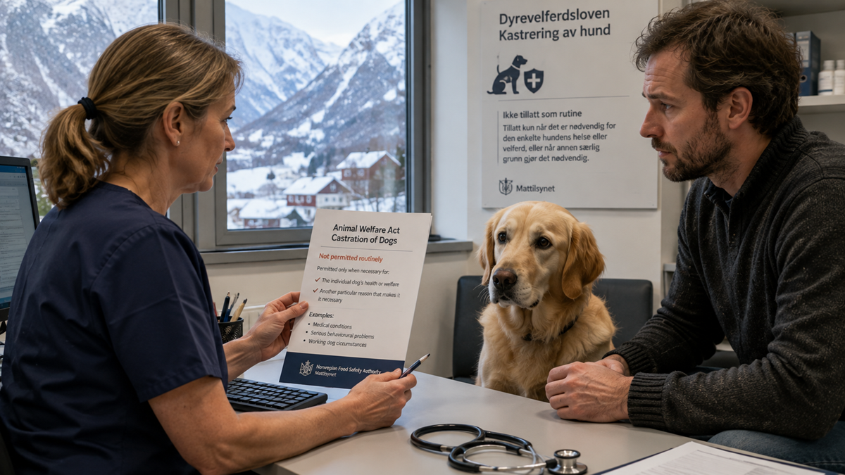 A veterinarian discusses dog castration laws with a man, showing him an informational sheet. A golden retriever sits between them in the clinic, with a stethoscope on the table. Snowy mountains are visible through the window.