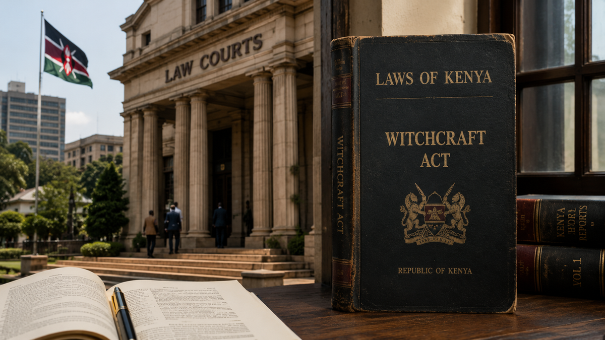 A large book titled “Witchcraft Act” stands on a table outside a courthouse in Kenya, with an open book beside it and the Kenyan flag flying in the background.
