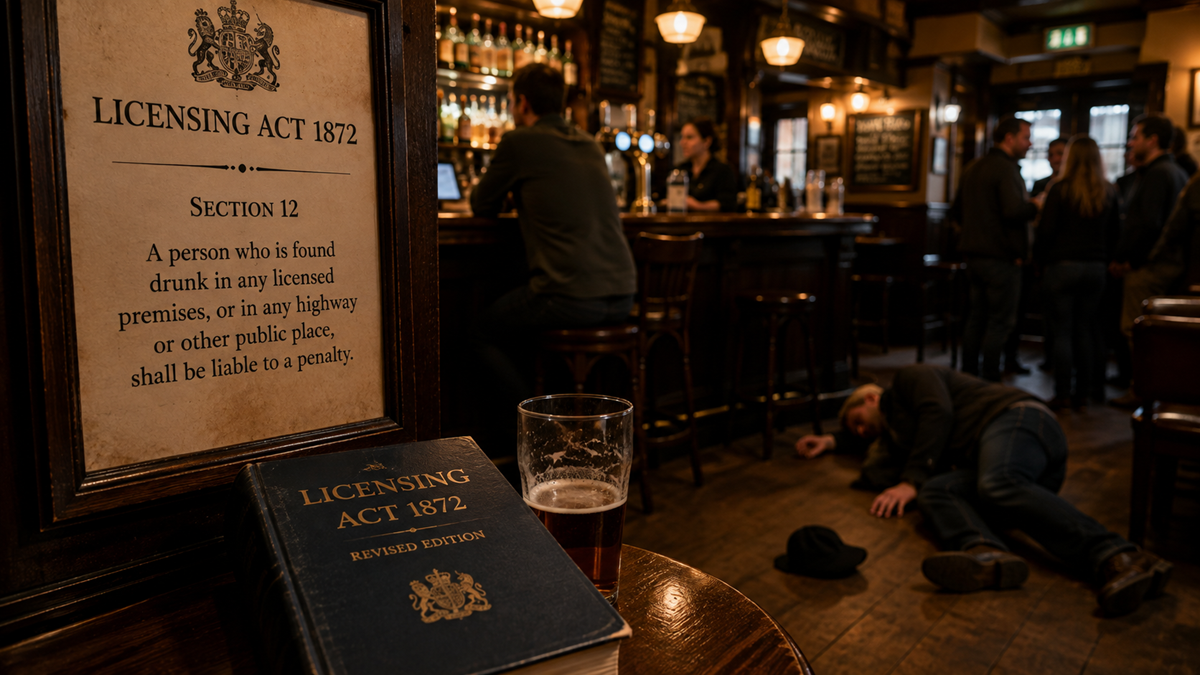 A pub scene with a Licensing Act 1872 sign, a pint of beer, and a book in the foreground. In the background, people stand at the bar and a man lies on the floor, possibly drunk.