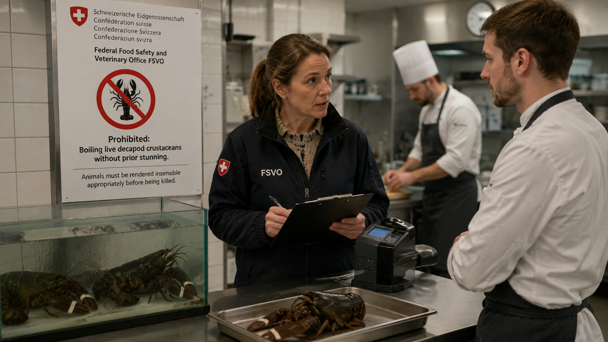 A food safety inspector talks to a chef in a kitchen. A sign on the wall prohibits boiling live crustaceans. Lobsters are in a tank and on a tray. Two other chefs work in the background.