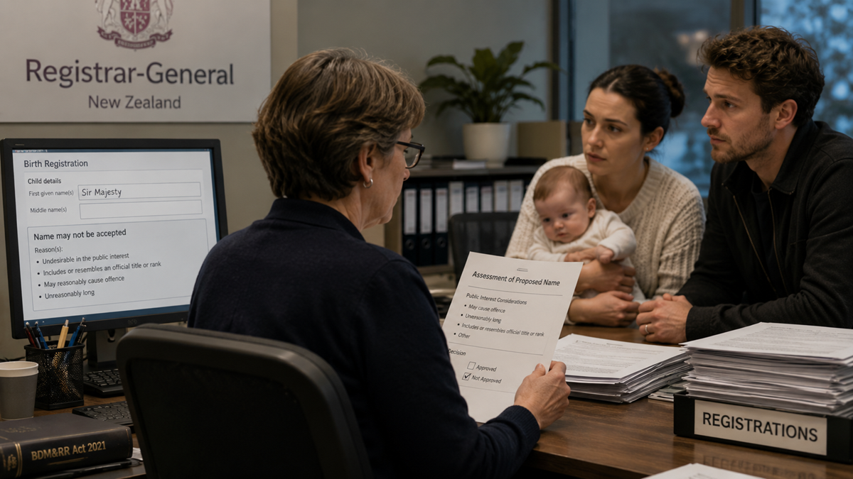 A registrar reviews a baby name application with a couple holding their baby. A screen shows a rejected name, “Sir Majesty,” and reasons for rejection, including being offensive and unreasonably long.