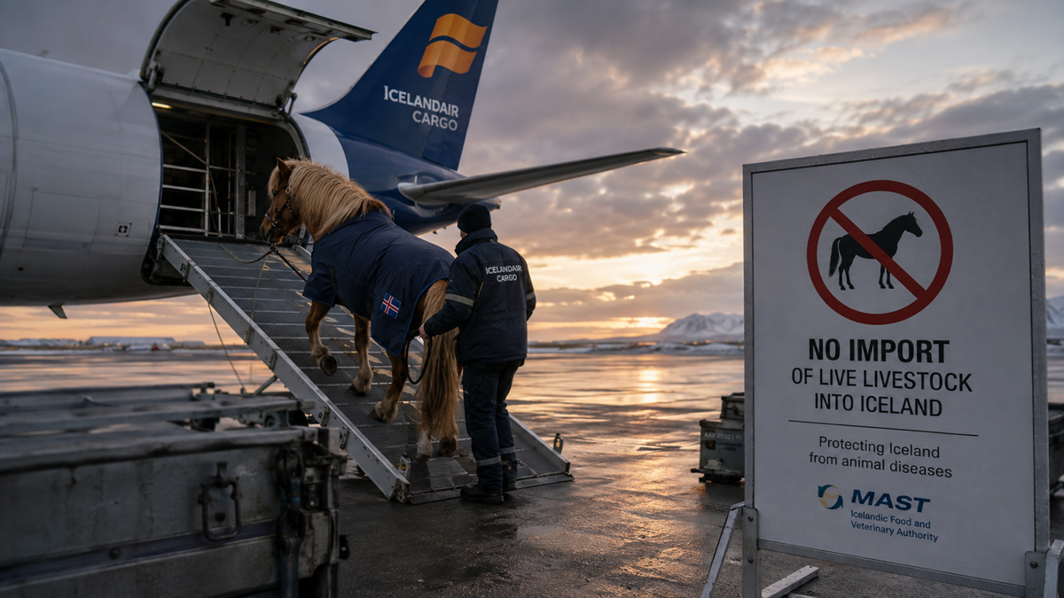 A horse in a coat is led up a ramp into an Icelandair Cargo plane. A sign nearby states “No import of live livestock into Iceland” with an image of a horse crossed out. Snowy landscape and cloudy sky in the background.