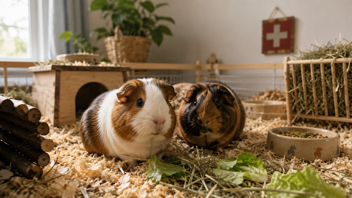 Two guinea pigs sit on wood shavings in a cozy enclosure with leaves, a food bowl, and small houses, with plants and decor in the background.