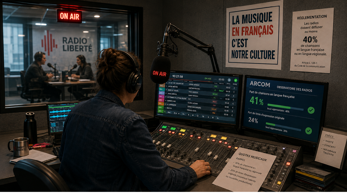A radio station studio with a person operating sound controls. Two people talk in a separate room. Signs in French on the wall include “LA MUSIQUE EN FRANÇAIS C’EST NOTRE CULTURE” and stats about French songs.