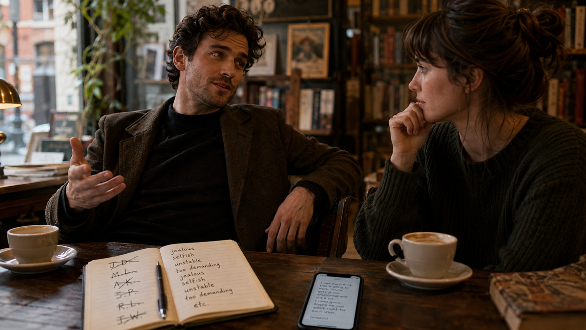 A man gestures while talking to a woman in a cozy café. Two cups of coffee, a notebook with handwritten notes, and a smartphone showing text are on the table between them. Bookshelves and a window are in the background.