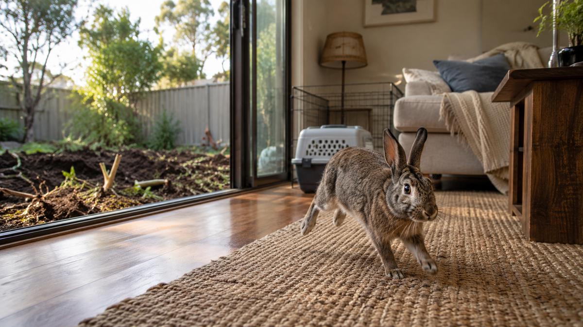 A brown rabbit runs on a woven rug inside a cozy living room, with an open sliding door leading to a garden outside.
