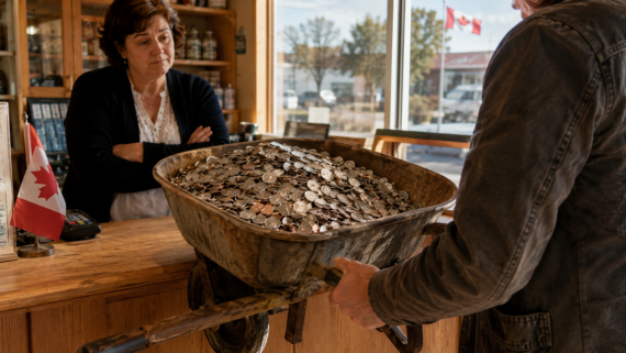 A person pushes a wheelbarrow full of coins to a store counter, where a woman stands with crossed arms. A small Canadian flag sits on the counter.