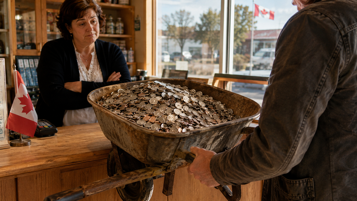A person pushes a wheelbarrow full of coins to a store counter, where a woman stands with crossed arms. A small Canadian flag sits on the counter.