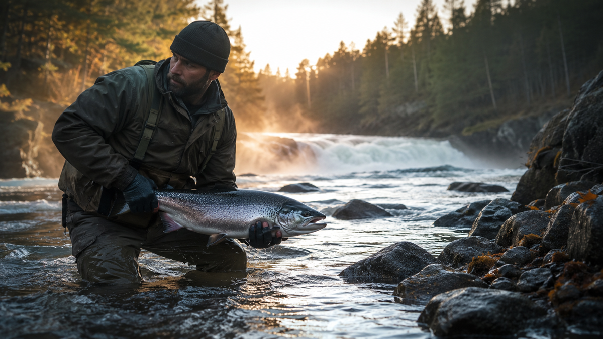 A man in outdoor gear holds a large fish while kneeling in a rocky river, with a waterfall and forest in the background at sunrise.