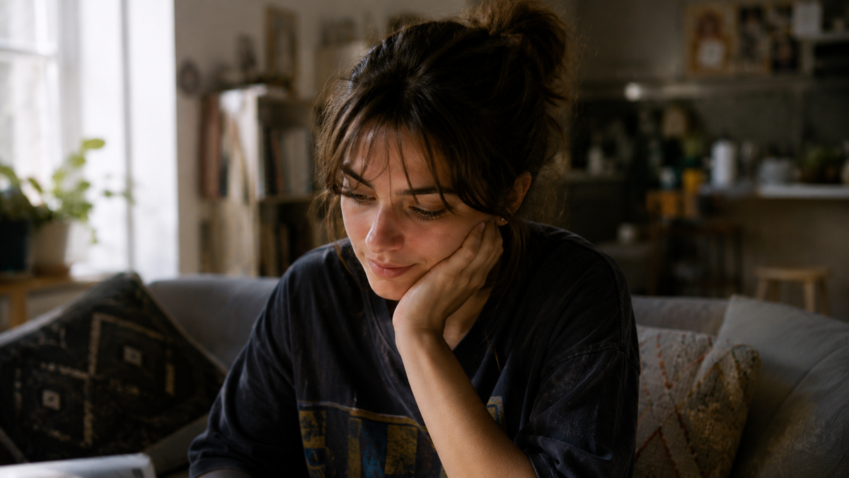 A woman with dark hair sits on a couch, resting her chin on her hand while looking down thoughtfully. The room is softly lit, with plants and shelves in the background, creating a cozy atmosphere.