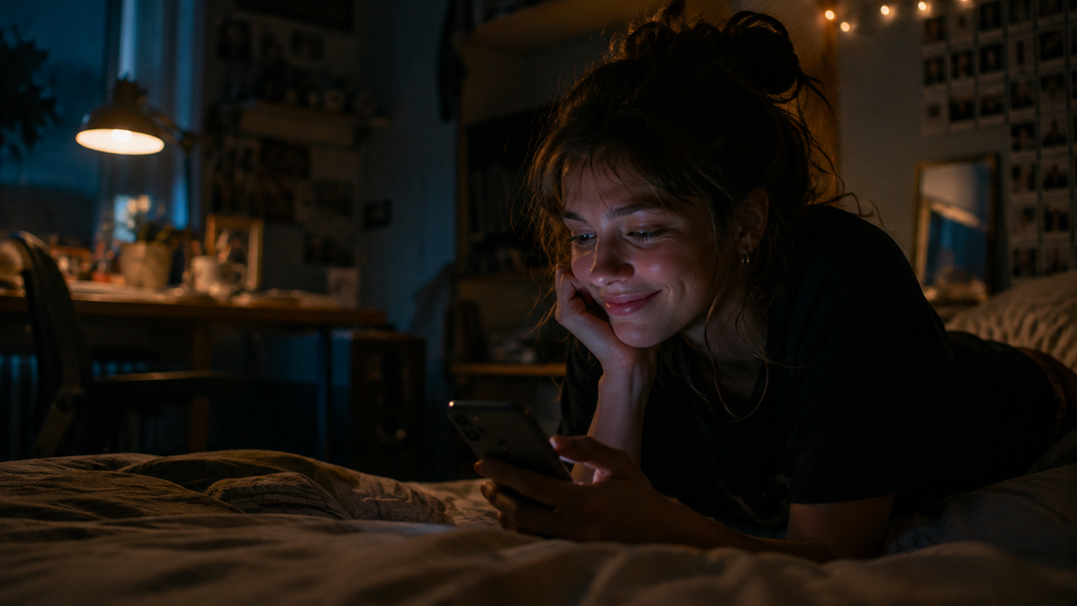 A young woman lies on her bed at night, smiling as she looks at her phone. Her room is softly lit with string lights and decorated with photos and plants, creating a cozy atmosphere.