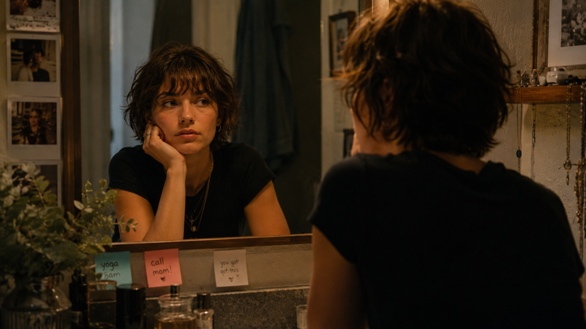 A person with short brown hair looks thoughtfully at themselves in a bathroom mirror, resting their chin on their hand. Sticky notes reading “yoga 6am,” “call mom!” and “you got this” are visible on the mirror.
