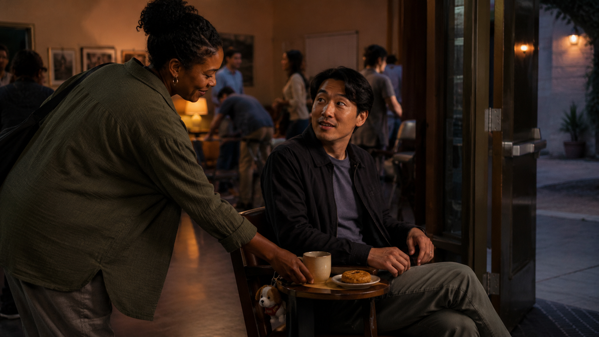 A woman hands a man a tray with a coffee mug and pastry in a cozy, warmly lit café with other people in the background.