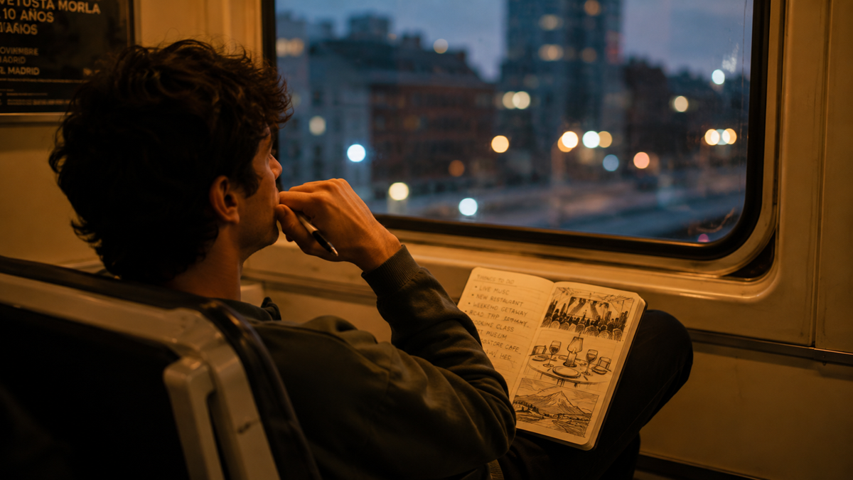 A person sits on a train at dusk, gazing out the window, holding an open sketchbook filled with drawings and notes. City lights and buildings are visible through the window, creating a reflective, creative mood.