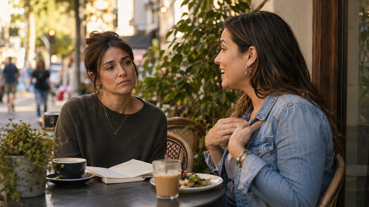 Two women sit at an outdoor café table, talking. One woman gestures while speaking, the other listens with a serious expression. There are drinks, a notebook, and food on the table. Plants and a city street are in the background.