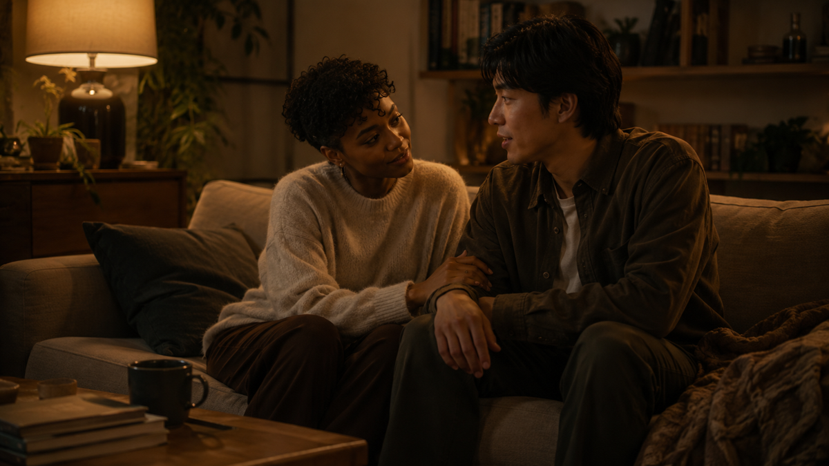 A woman and man sit close together on a cozy couch in a warmly lit living room, gazing into each other’s eyes and holding hands, suggesting a comforting or supportive conversation.