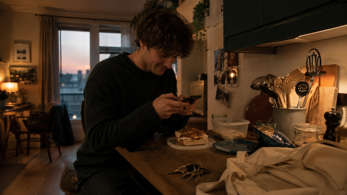 A person sits at a kitchen counter, smiling at their phone while a plate of food sits in front of them. The cozy room is softly lit, and a window reveals a cityscape at sunset in the background.