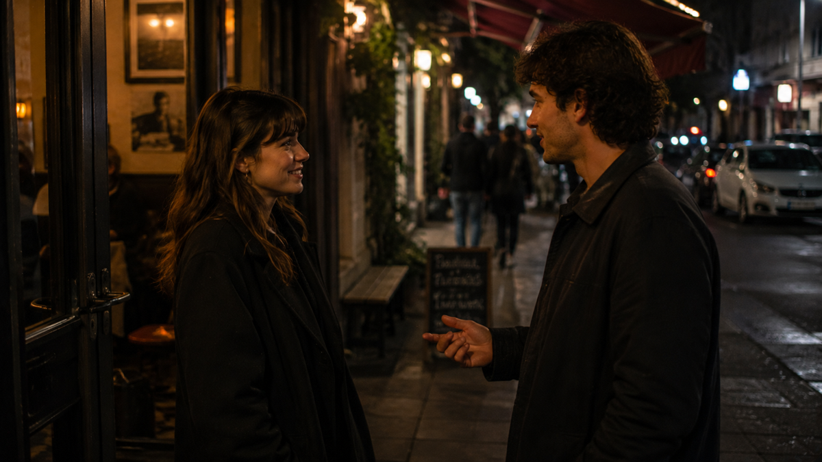 A woman and man stand outside a warmly lit café at night, facing each other and talking on a city street. Cars and streetlights are visible in the background.