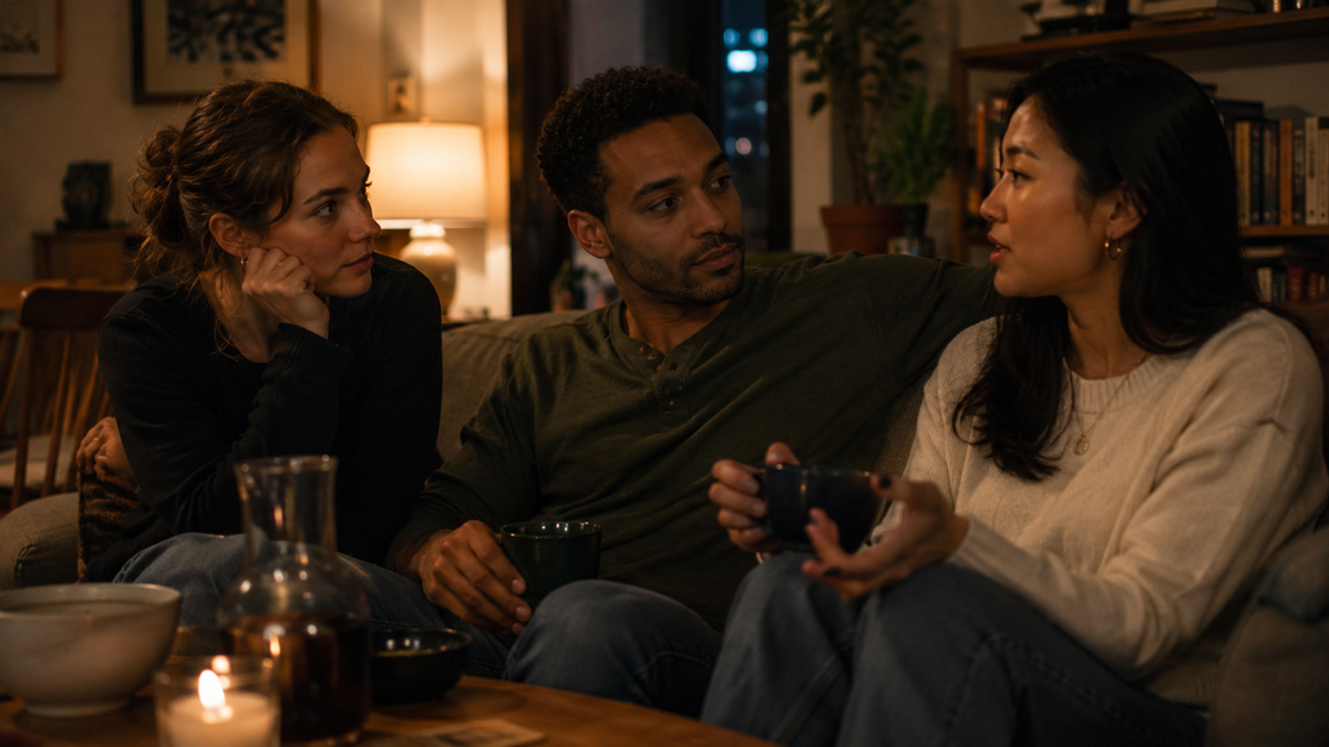 Three people sit on a couch in a cozy living room, having a conversation. Two hold mugs, and candles and books are on the table in front of them. The scene is warmly lit and relaxed.