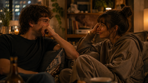 A man and a woman sit closely on a cozy couch at night, smiling and looking into each other’s eyes, surrounded by warm lighting and shelves with books and plants in the background.