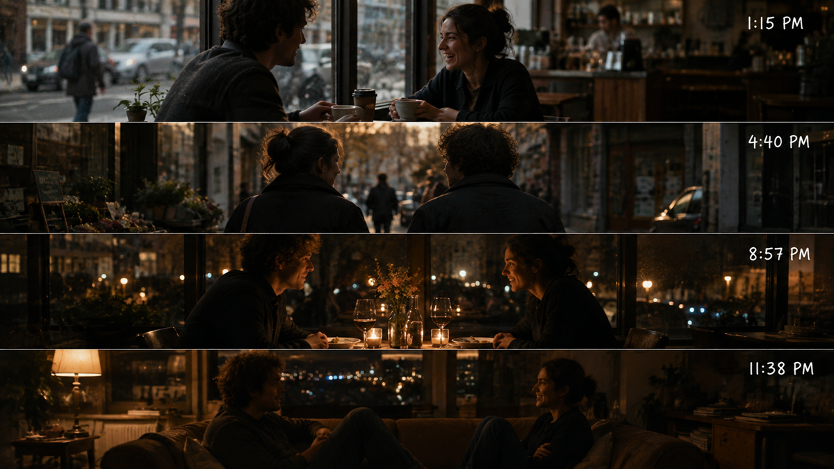 Four panels show a man and woman together in a café and later at home, talking and laughing at different times of day: 1:15 PM, 4:40 PM, 8:57 PM, and 11:38 PM.