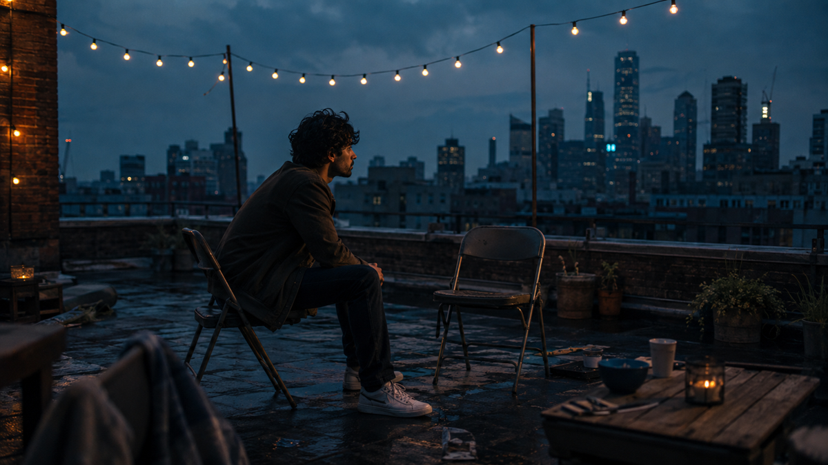 A person sits alone on a rooftop at dusk, facing an empty chair, with string lights above and a city skyline in the background. Objects and candles are scattered around the rooftop.