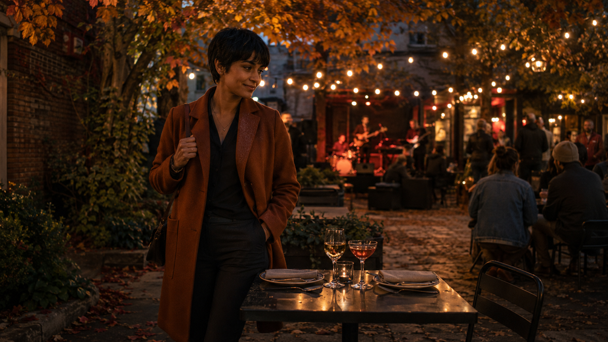 A person in a brown coat stands by an outdoor table set for two, with wine glasses. String lights and autumn trees decorate the lively courtyard, where a band performs and people gather in the background.