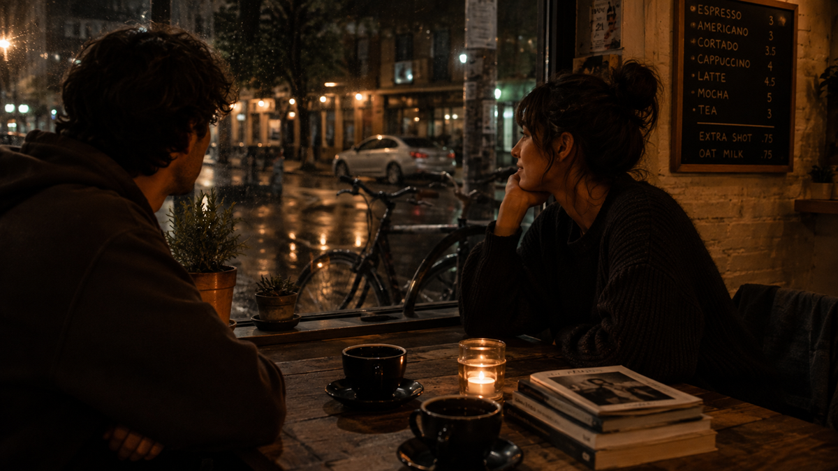 Two people sit at a café table with coffee, books, and a candle, looking out a window at a rainy street with parked cars and a bicycle at night. The scene feels cozy and contemplative.